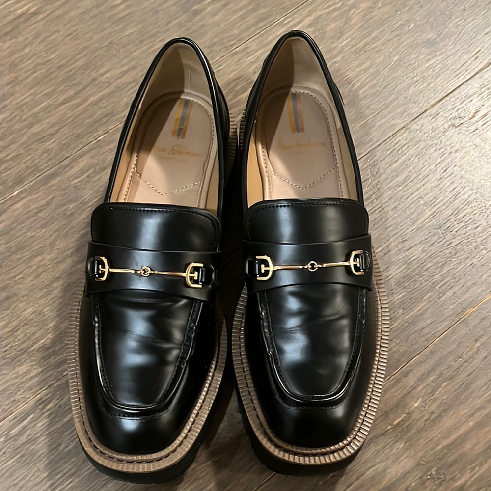 Sam Edelman Black and Gold Slip-On Leather Loafers